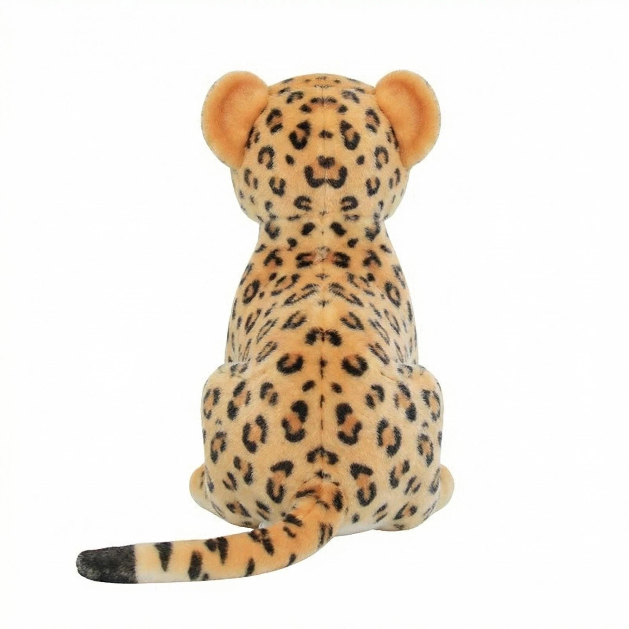 A ZoDoll Cheetah Plush Animal Stuffed Toy, available in 23cm, 27cm, and 33cm sizes, sits facing away to showcase its realistic spotted back and tail against a plain white background.