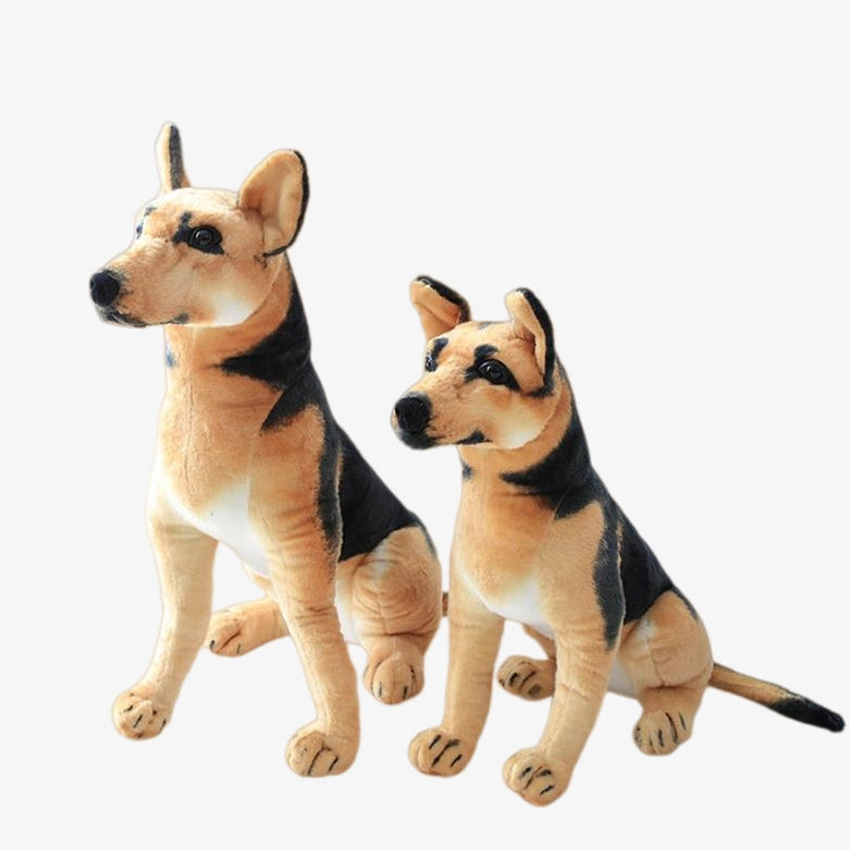 Two ZoDoll German Shepherd Plush Realistic Stuffed Dog Toys, measuring 30cm-90cm, with soft tan and black fur, are sitting side by side on a white background.