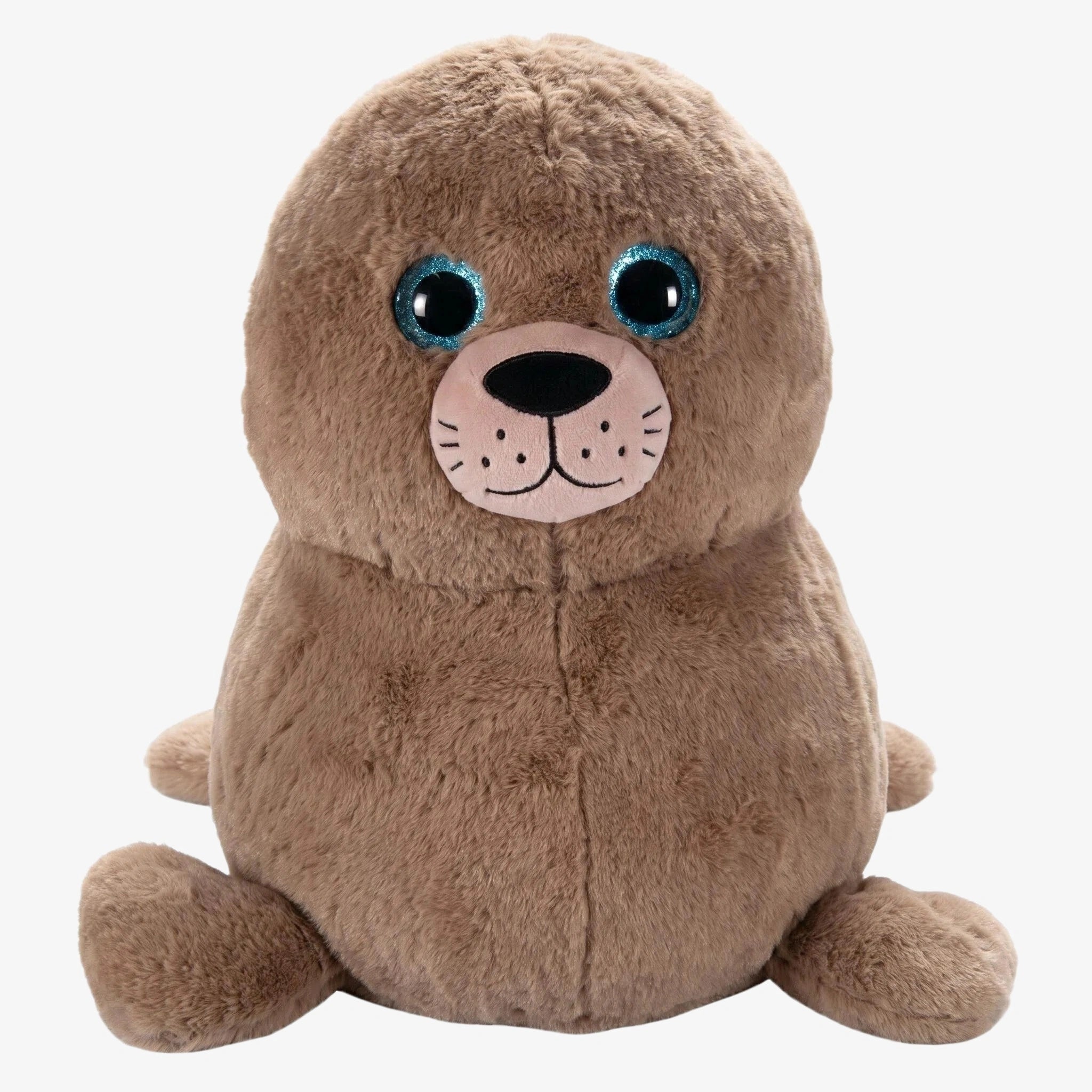 The ZoDoll Chonkers Sea Lion Plush—15-inch Steller Sea Lion plush inspired by PIER 39 San Francisco—features a brown body, round blue eyes, pink snout, stitched whiskers, and flipper-like limbs; perfect as a city souvenir.