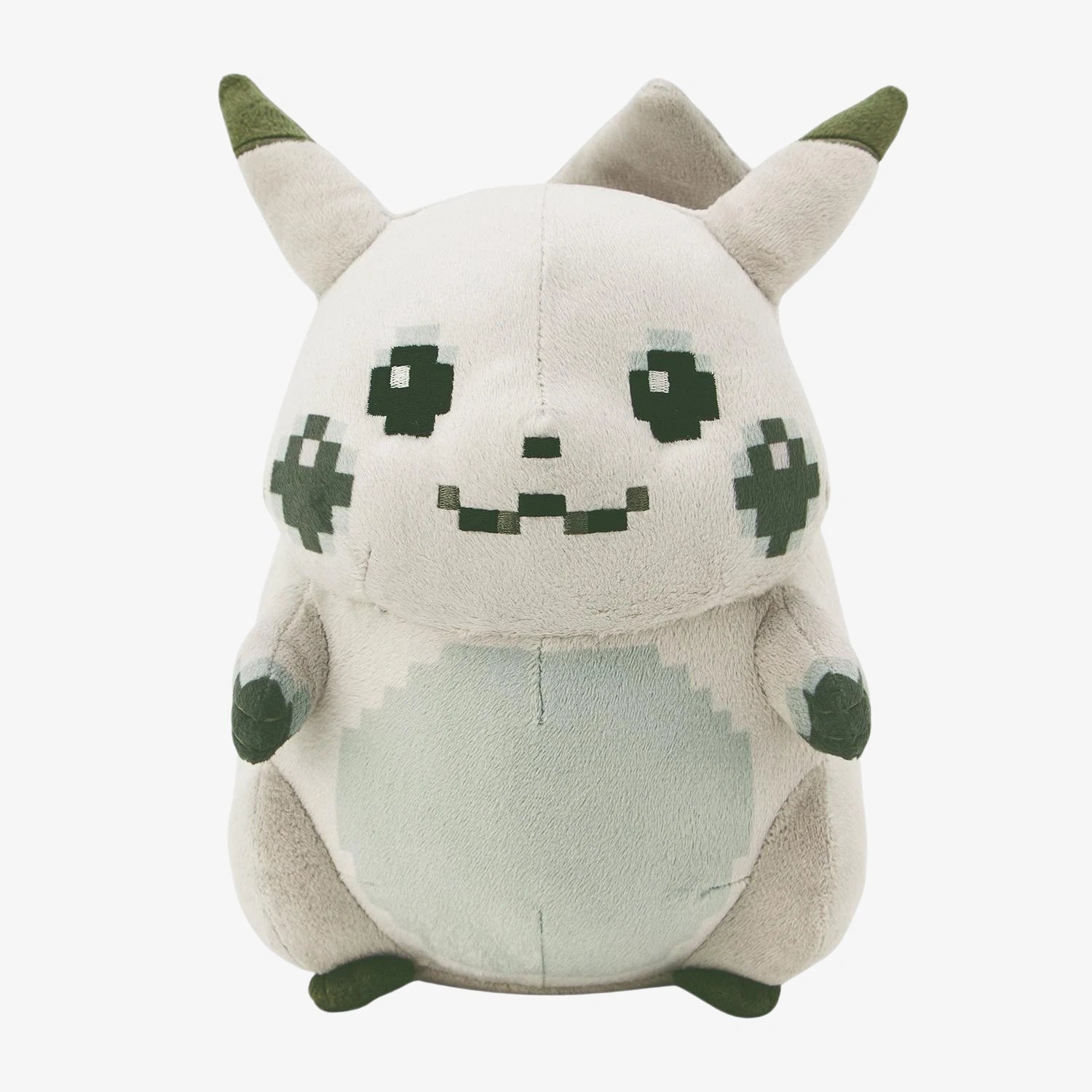 The ZoDoll Retro 8-Bit Pikachu of Beginnings Plush is a gray and green, pixelated plush toy with a simple face, celebrating Pokémon’s 30th Anniversary in a classic chunky style.