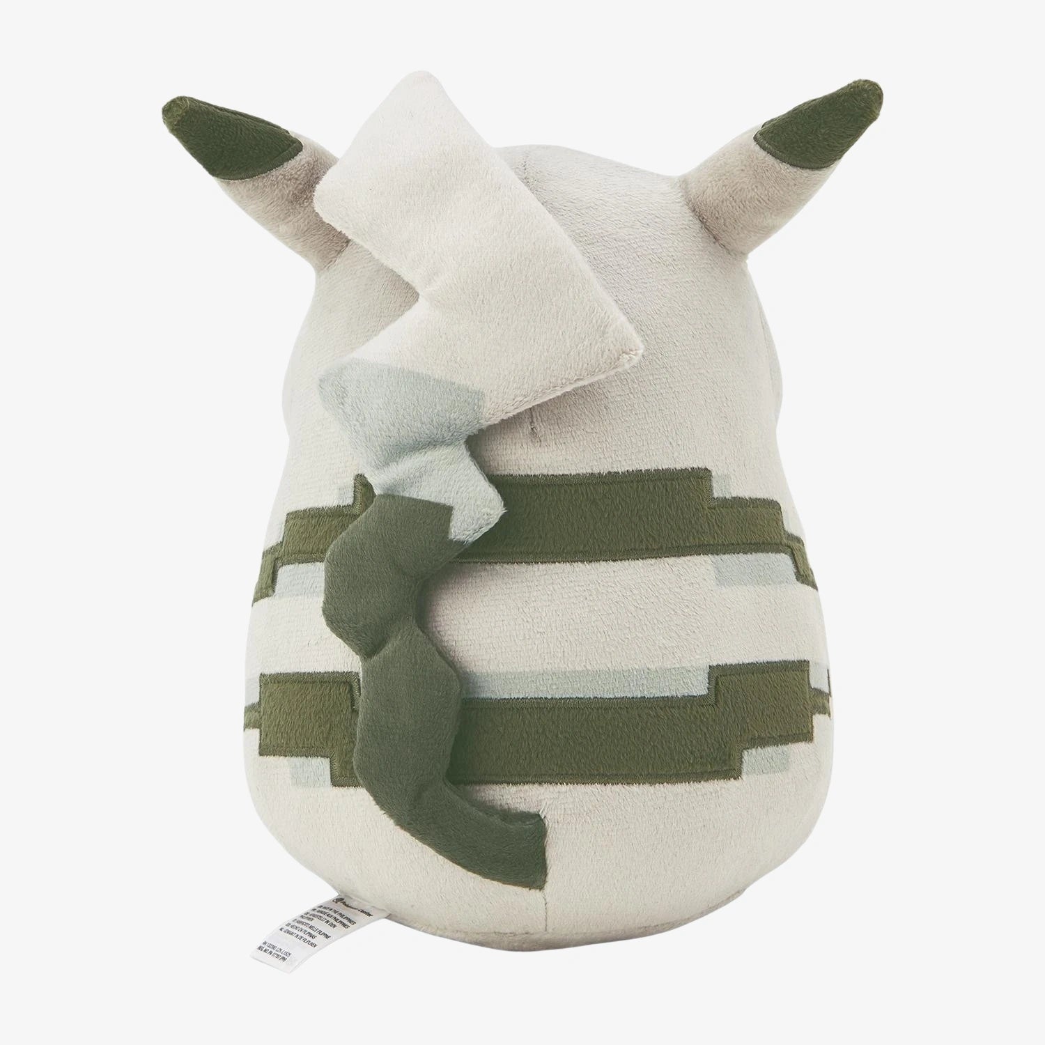 The ZoDoll Retro 8-Bit Pikachu of Beginnings Plush, a Classic Chunky Pokémon 30th Anniversary toy, features two pointed ears, a zigzag tail, and green and gray stripes—adding nostalgic charm to any collection.