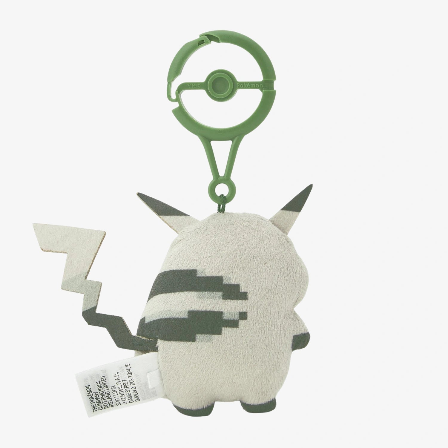 The ZoDoll Retro 8-Bit Pikachu of Beginnings Plush Bag Clip (12cm) is a pixel-style Pokémon 30th Anniversary keychain. Shown from the back, it features a green plastic clip, classic chunky design, and a visible white tag.