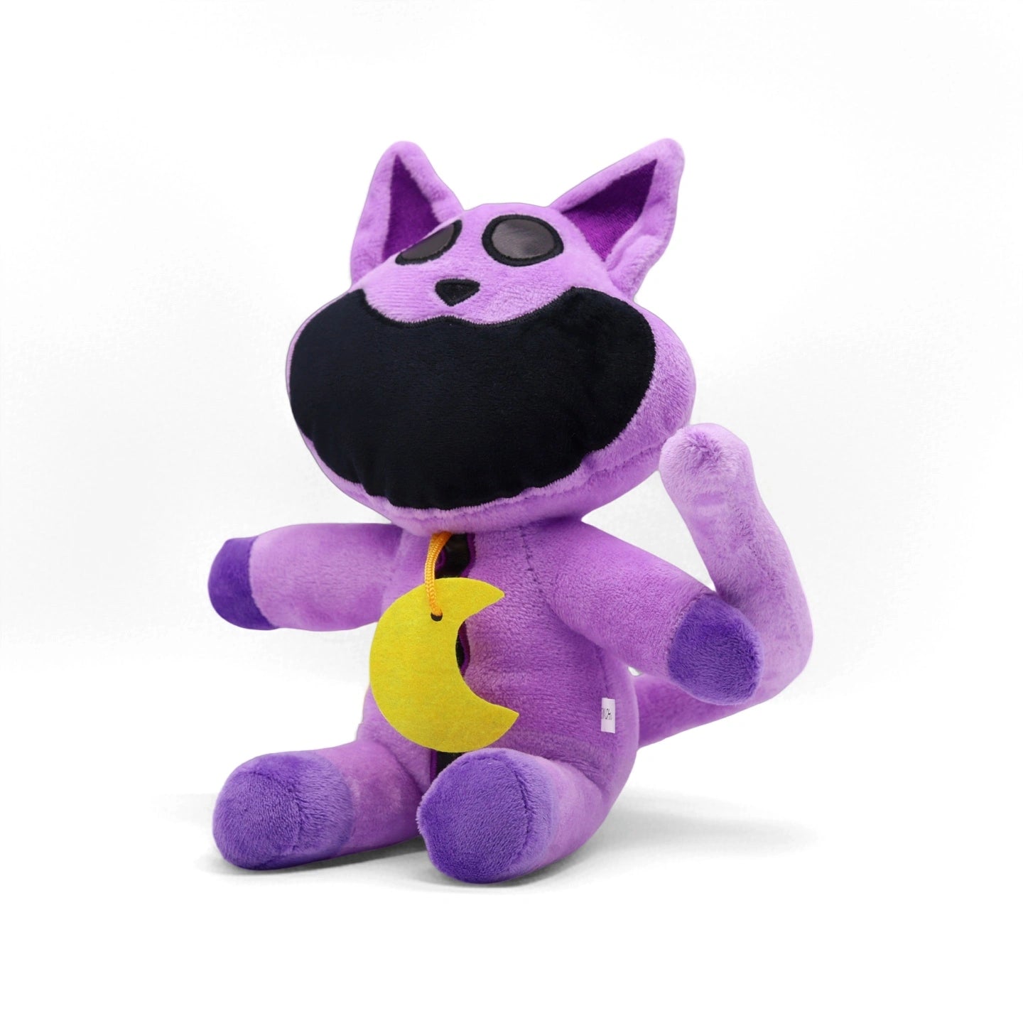 A purple Poppy Playtime CatNap Plush from the Monster & Nightmare CatNap Plush Toys collection, featuring a large black grin, big black eyes, and a yellow crescent moon on its neck, sits upright against a white background.