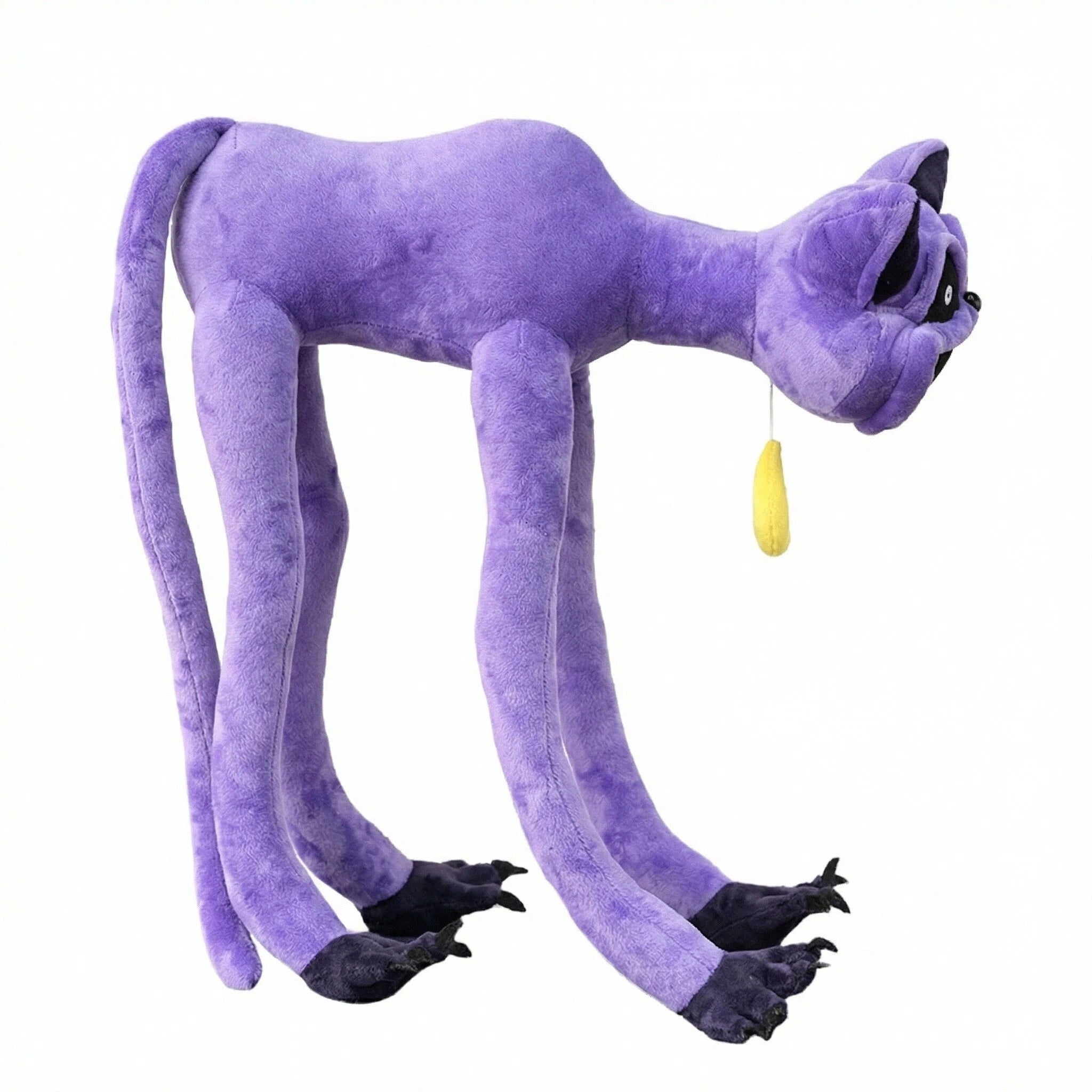 The Poppy Playtime CatNap Plush features a purple cat with long legs, black claws, and a tiny yellow object in its mouth. Available in 4 styles as Monster & Nightmare CatNap plush toys from the Poppy Playtime brand, shown against a white background.