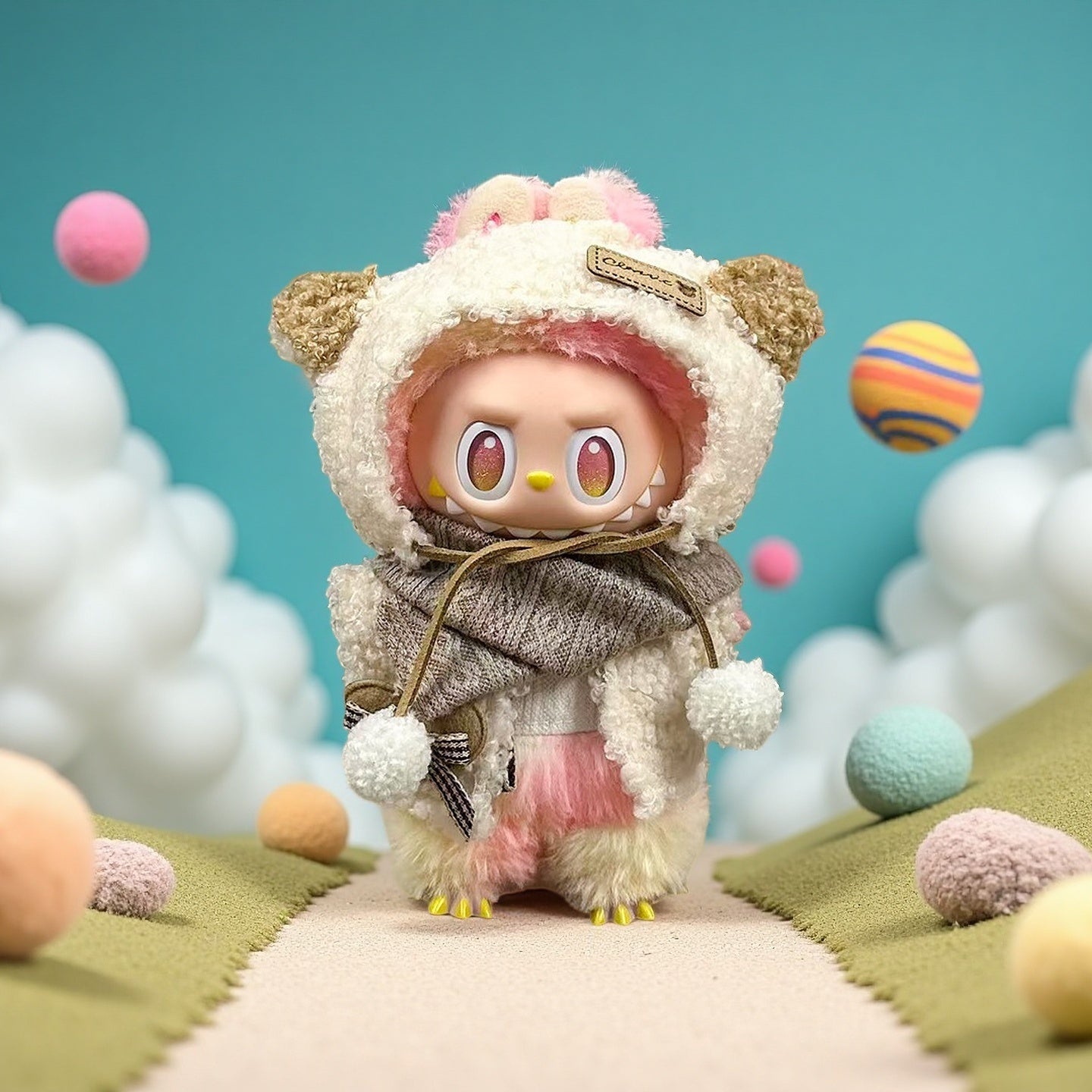 The ZoDoll Labubu Fluffy Bear Hoodie Coat Set with Knit Scarf in cream white features a plush doll dressed in a teddy bear hoodie, surrounded by fluffy balls and clouds on a teal background for an adorable display.