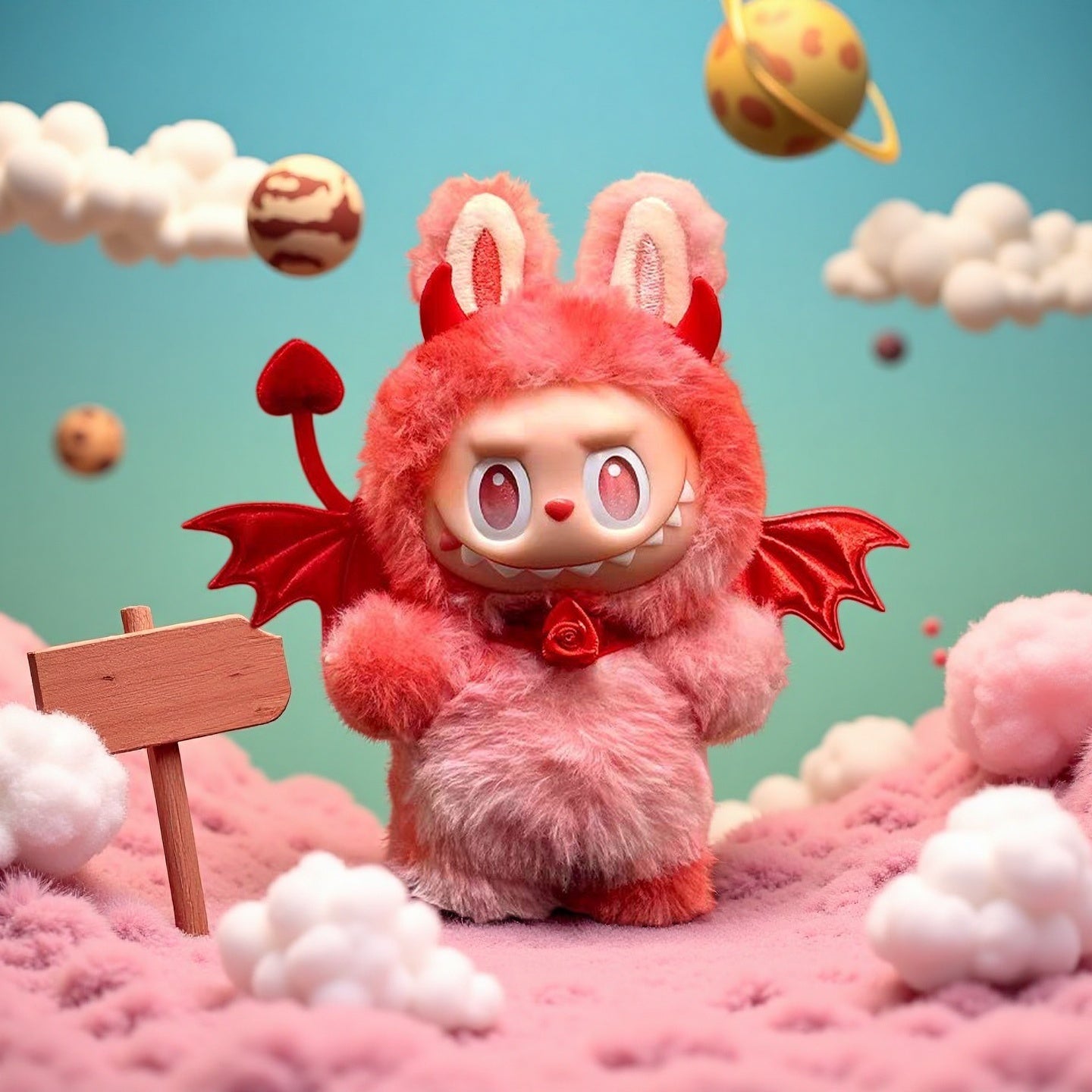 The ZoDoll Labubu Red Devil Bat Wing Fluffy Plush Costume Set features a plush toy standing on a soft, cloud-like surface, surrounded by planets and a wooden sign in the background.