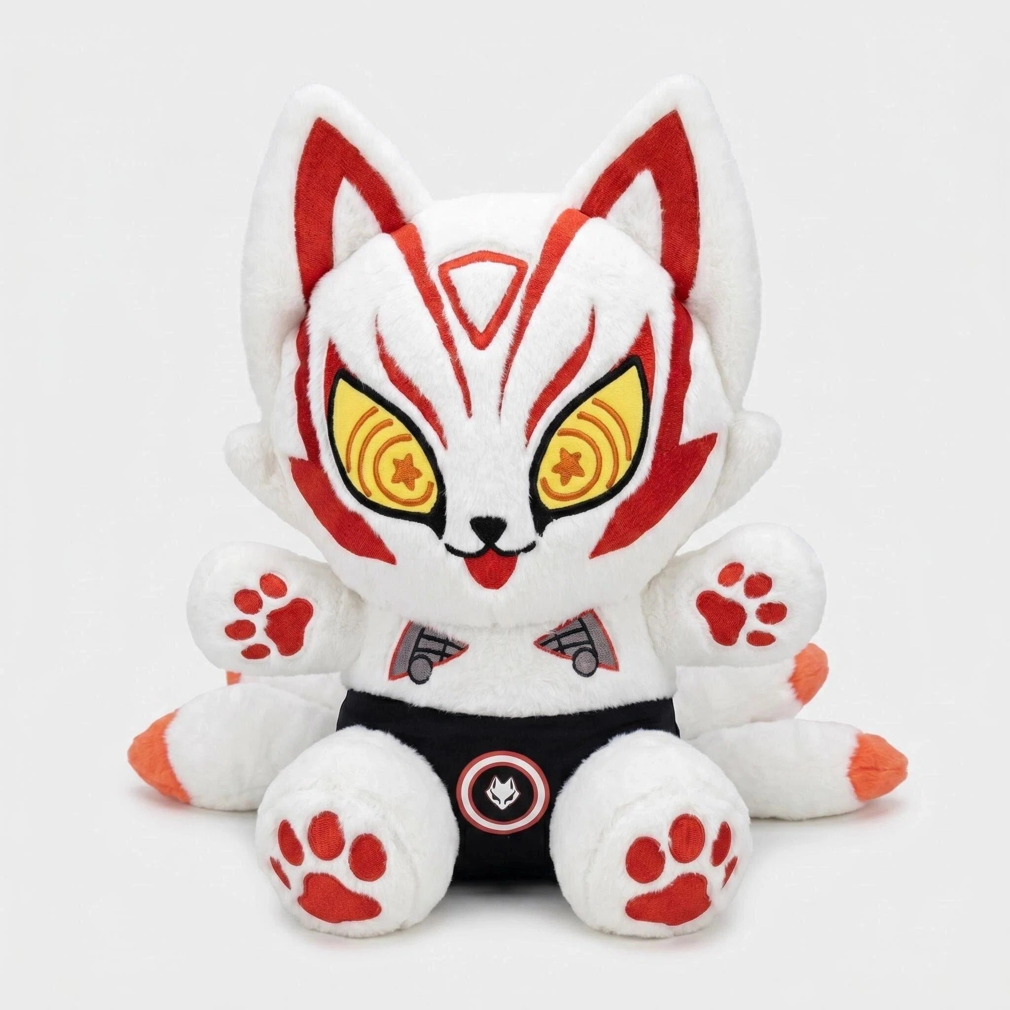 The ZoDoll White Fox Plush Toy, a cute plush doll with red markings, big ears, yellow spiral eyes, black shorts, and red-and-white paws, sits upright against a plain background.