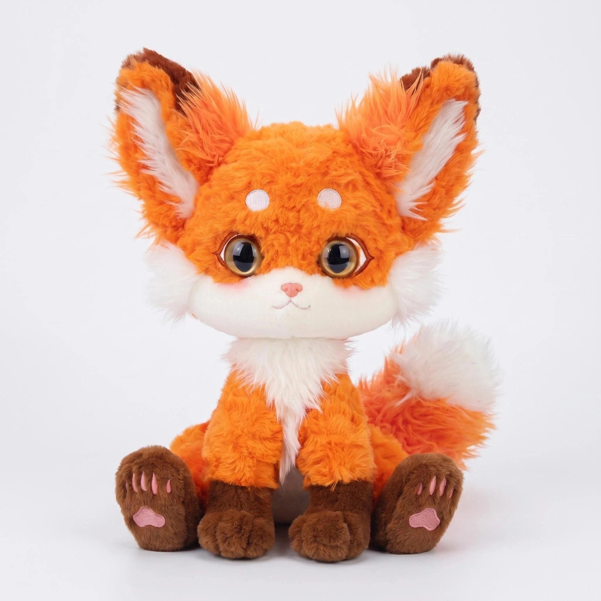 The ZoDoll Cute Fox Plush Toy is a soft, kawaii red fox stuffed animal with big ears, orange and white fur, large eyes, and brown paws sitting upright against a white background.