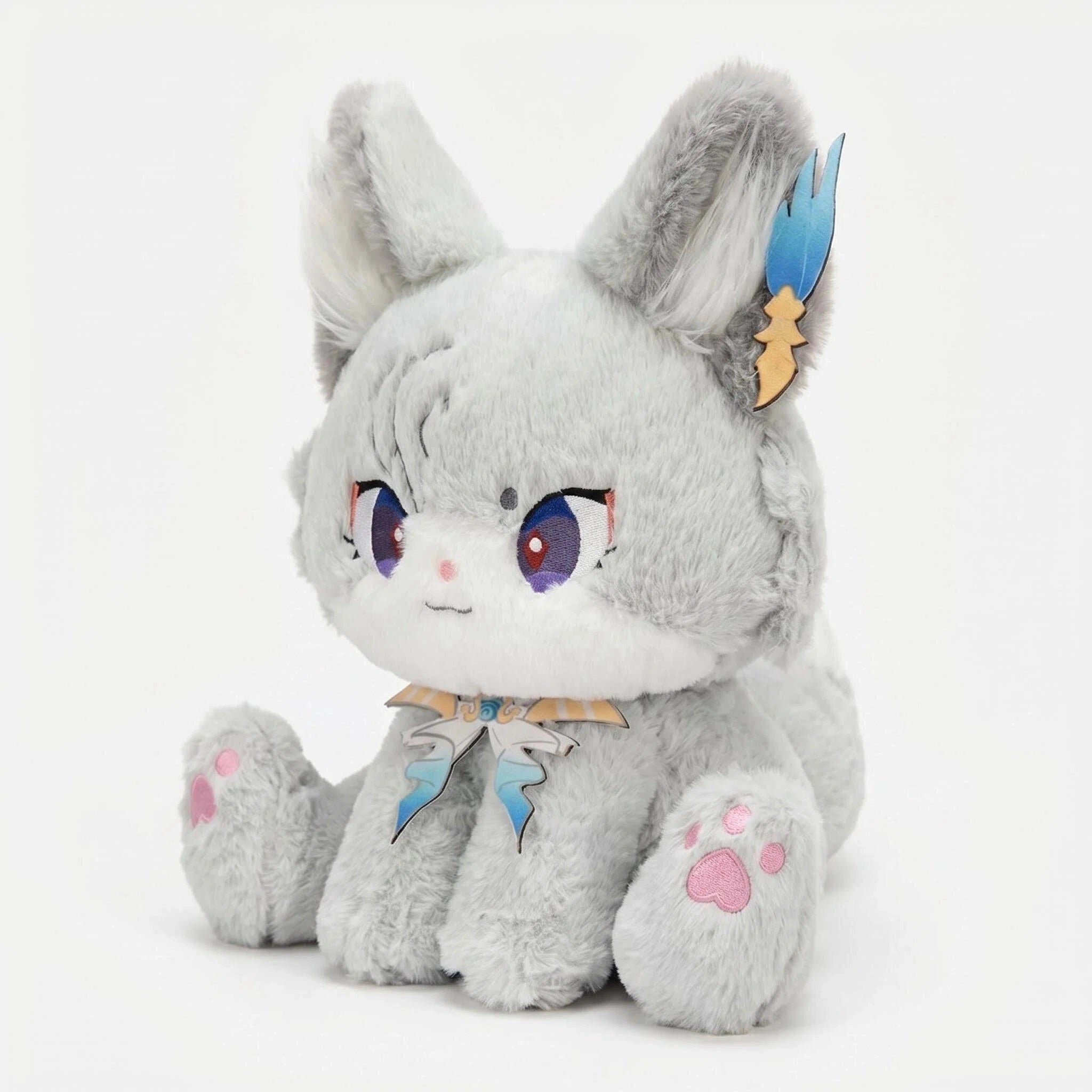 The ZoDoll Gray Fox Plush Toy is a cute silver fox stuffed animal with anime eyes, big blue and white ears, purple eyes, a feather accessory, and pink paw pads, shown sitting upright against a white background.