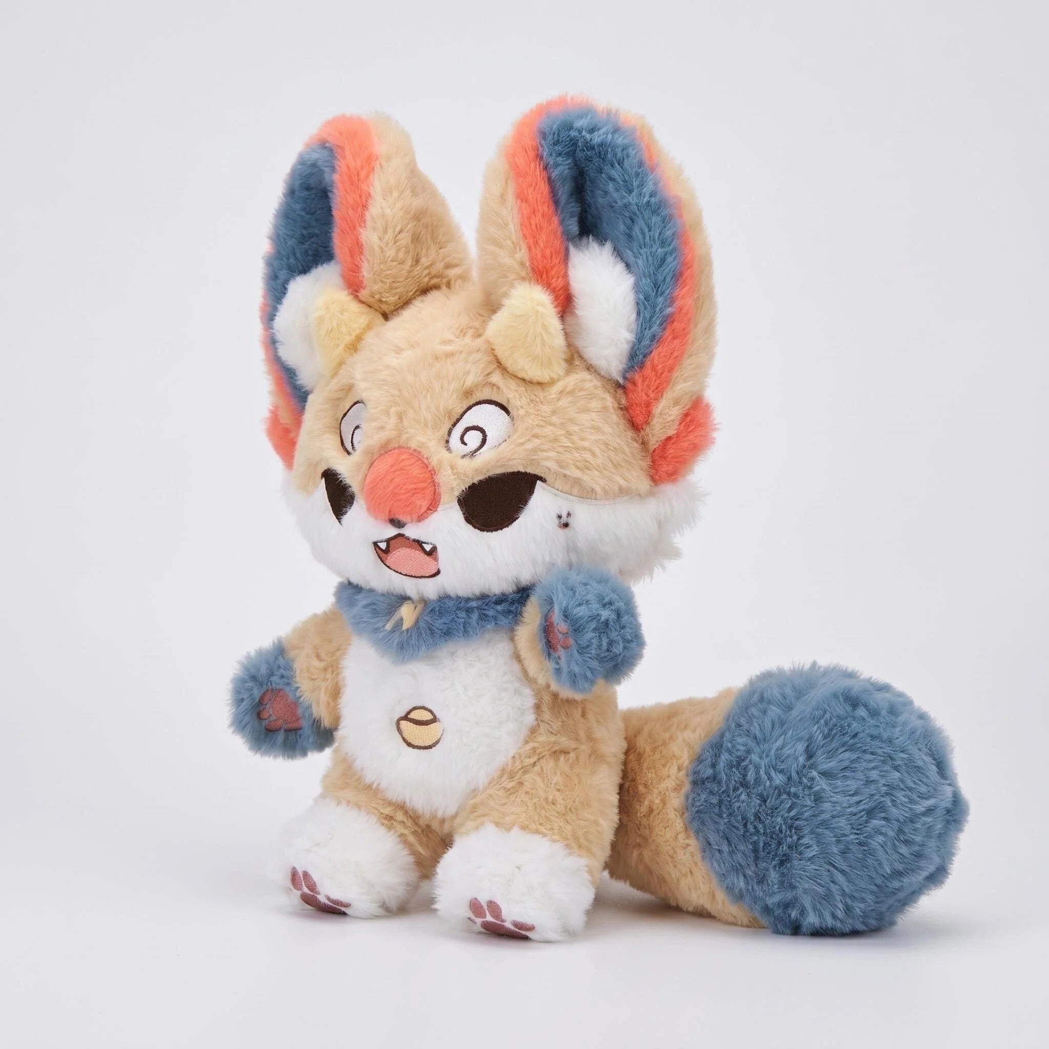 The ZoDoll Fennec Fox Plush Toy features big blue and orange ears, beige and white fur, a fluffy blue tail, and a kawaii character design—making it the perfect collectible plush doll for any fan.