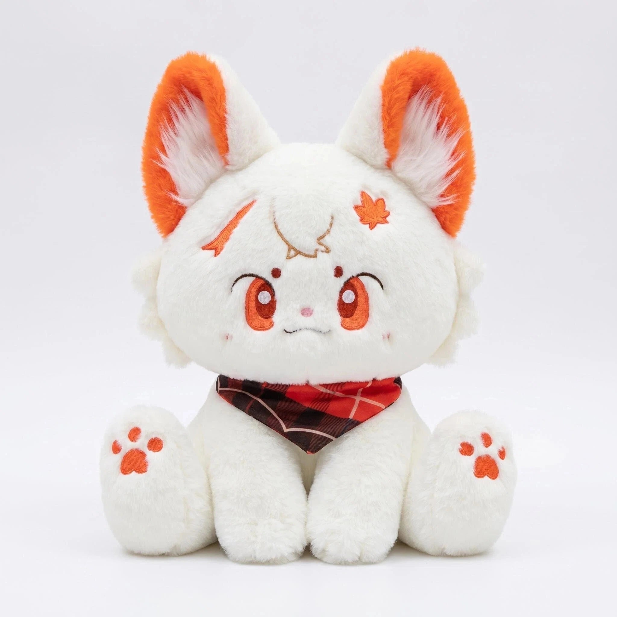 The ZoDoll White Fox Plush Toy is a cute fox plush doll with orange ears, orange eyes, a red bandana, paw print feet, and a kawaii face, sitting upright against a plain white background.
