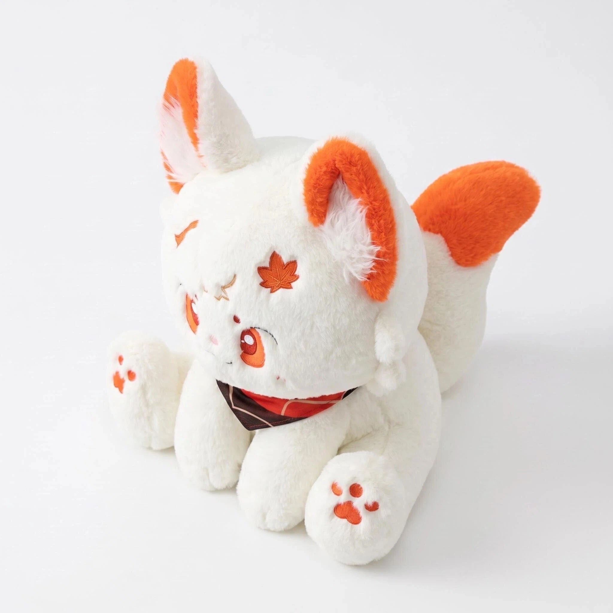 The ZoDoll White Fox Plush Toy features a kawaii design with orange ears, tail, and paw pads, maple leaf face markings, and a red bandana. This adorable plush doll sits against a plain white background.
