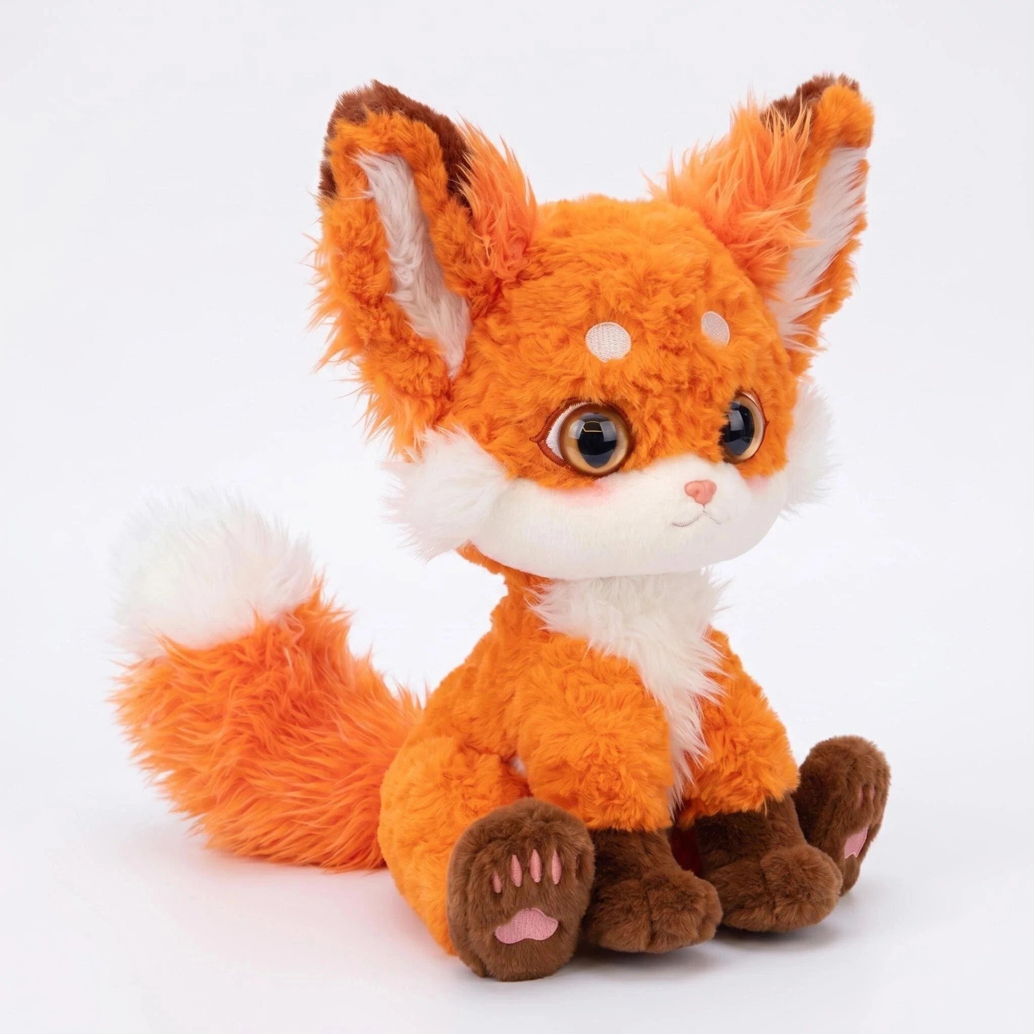 The ZoDoll Cute Fox Plush Toy features orange fur, big ears, large eyes, white accents on its face and tail, and brown paws. This soft kawaii red fox stuffed animal sits upright against a plain white background.